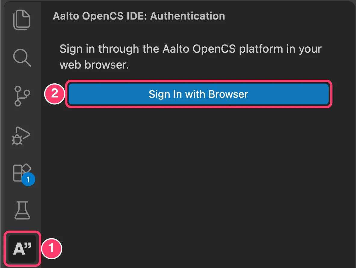 Fig 2. -- The OpenCS icon in the left sidebar is marked with 1, and the Sign In with Browser button is marked with 2.