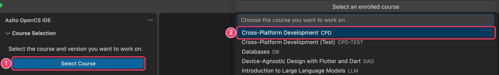Fig 6. -- The Select Course button is marked with 1. A list of enrolled courses has opened at the top of the window, and Cross-Platform Development is marked with 2.