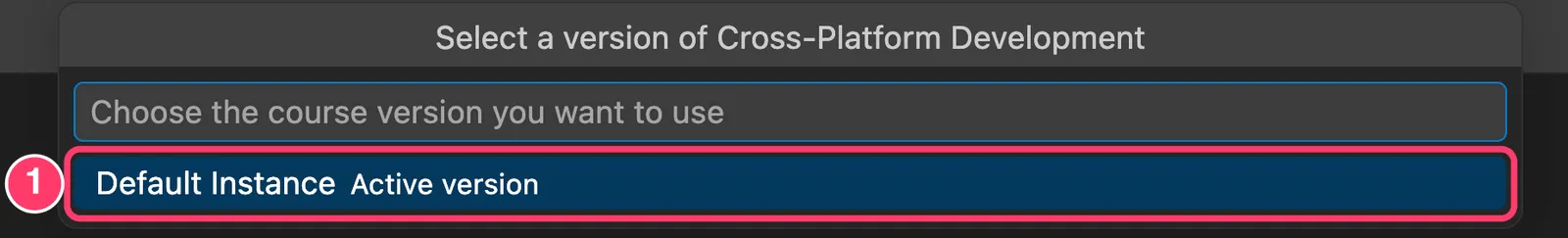 Fig 7. -- A list titled "Select a version of Cross-Platform Development" with Default Instance, Active version, marked with 1.