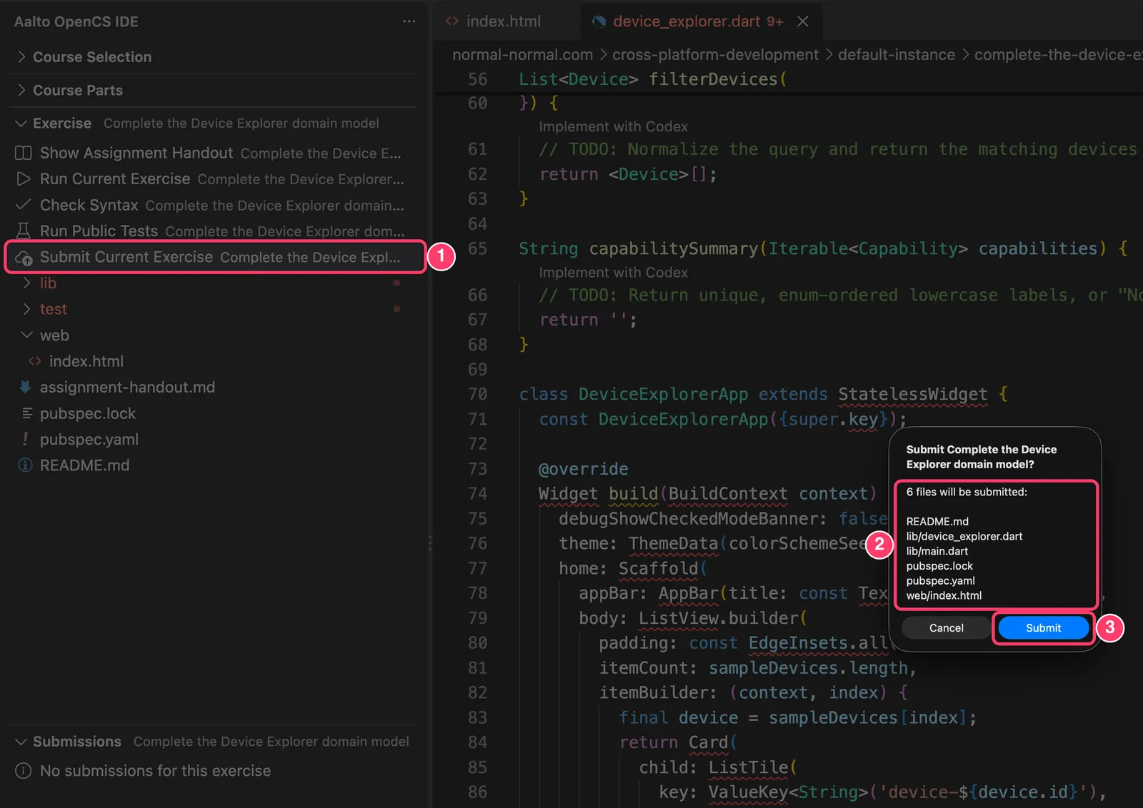 Fig 13. -- Submit Current Exercise is marked with 1. A dialog lists the six files that will be submitted, marked with 2, and its Submit button is marked with 3.