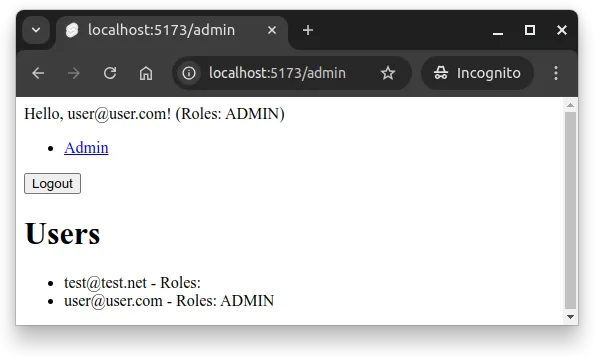 Fig 2. An admin user visits the page at path /admin. There are a total of two users in the system, one with the admin role and one without.