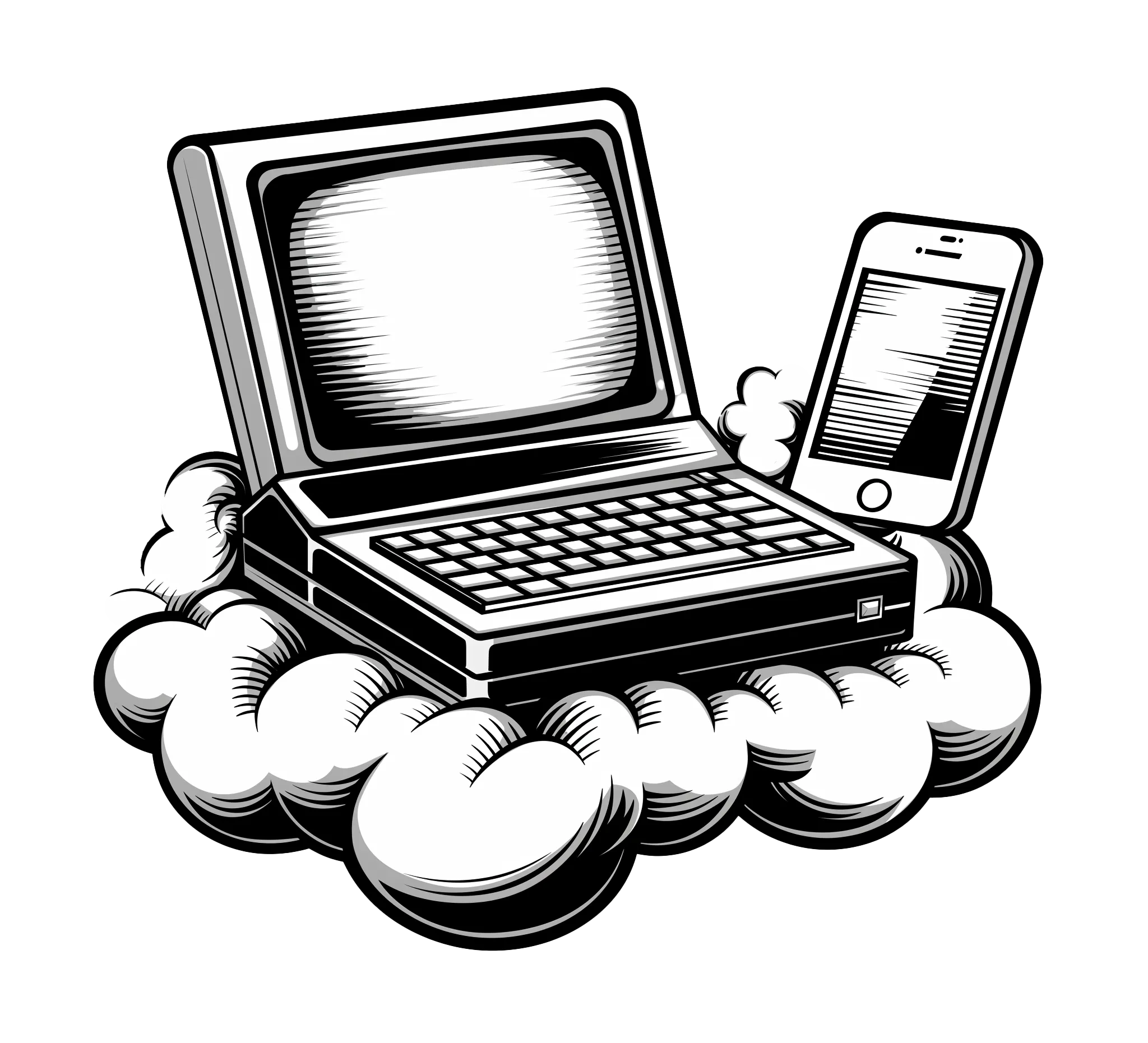 A black and white hand-drawn picture of a computer on a cloud