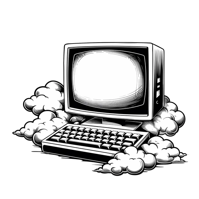 A black and white hand-drawn picture of a computer on a cloud