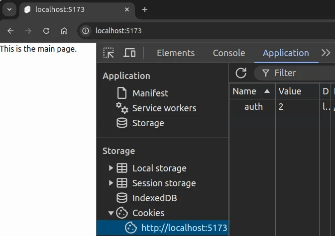Fig 1. Cookies shown in the "Application" tab of the browser after the address "http://localhost:5173" under "Cookies" has been selected.