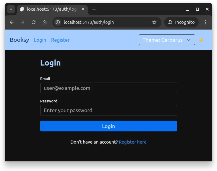 Fig 4. The text "Login" in the login form uses a style for dark mode when the dark mode is enabled.