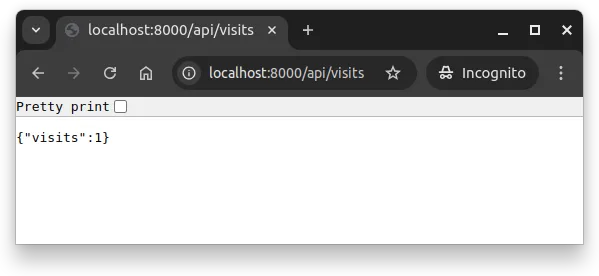 Fig 1. -- Making a request to the server at http://localhost:8000/api/visits leads to seeing a response {"visits":1}.