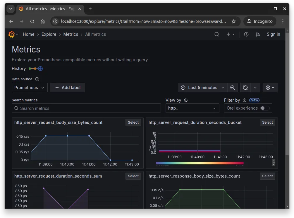Fig. 3 - Selecting "Metrics" under "Explore" in Grafana shows collected metrics from Prometheus.