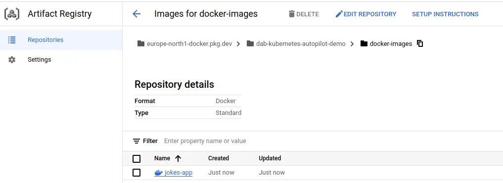 Fig. 6 - Jokes app image present in artifact registry.