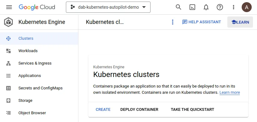Fig. 2 - Kubernetes Engine dashboard.