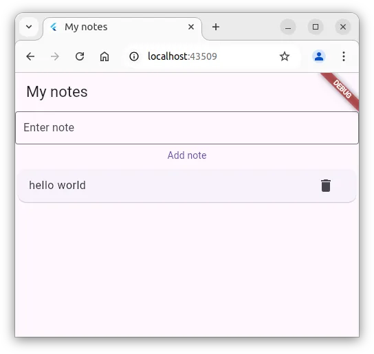 Fig. 3 - Screenshot of the application running with Firestore. The screenshot shows the 'hello world' document retrieved from Firestore.