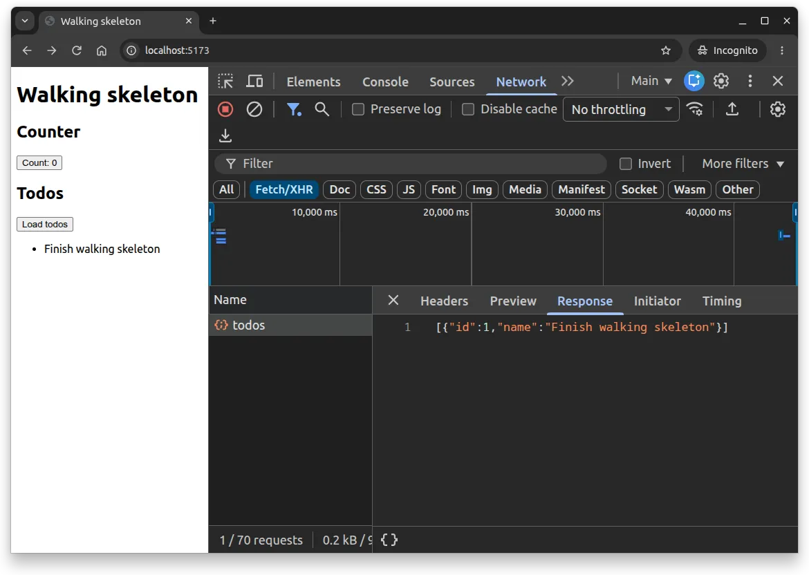 Chrome Network Response tab containing the todo JSON, alongside the walking skeleton displaying Finish walking skeleton.