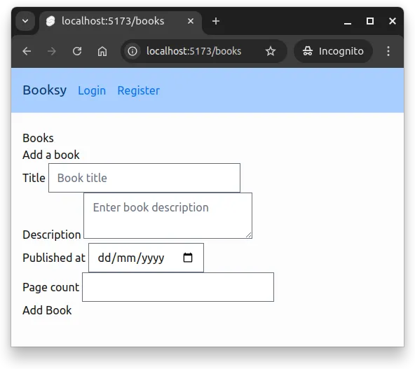 Fig 4. Unstyled books page without books and the form for adding a book.