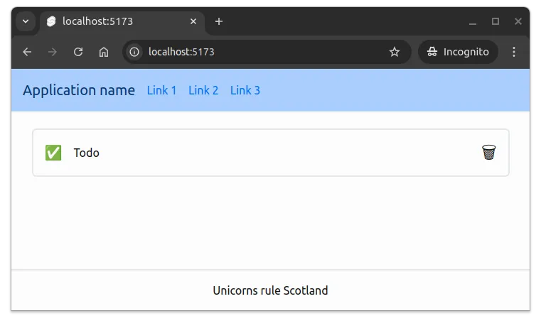 Fig 4. A styled card within the layout. The card also has icons indicating whether the todo is completed or not, and for removing the todo.