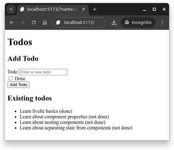 Fig 2. -- Four todos have been added to the list of todos. One of them is done, while three are not.