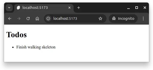 Fig 2. -- The page at http://localhost:5173 shows the todos retrieved from the server, which retrieves them from the database.