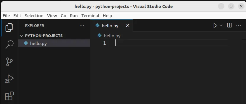 Fig 3. -- A new file called 'hello.py' has been created to the folder 'PYTHON-PROJECTS' and the file has been opened for editing.