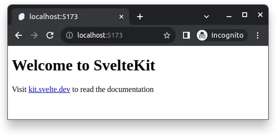 Fig 1. -- Running the command 'deno run dev' starts a development server at http://localhost:5173. At the address is a page with 'Welcome to SvelteKit' text.