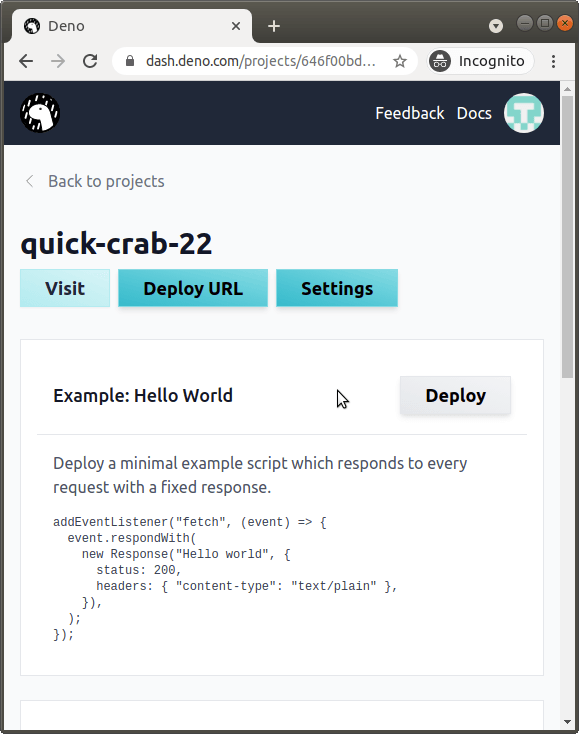 Project has been created. A project-specific dashboard is shown.