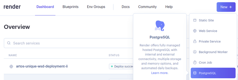 Figure 1 - Selecting PostgreSQL in the Render dashboard.