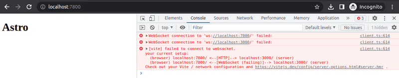 Figure 4 -- Astro running in a container using expose in Docker Compose. Web socket connection fails. Figure 4 -- Astro running in a container using expose in Docker Compose. Web socket connection fails.