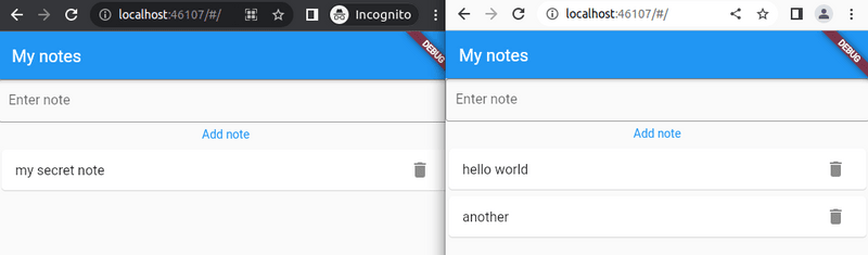 Two instances of the application running side by side. Both instances show own notes.