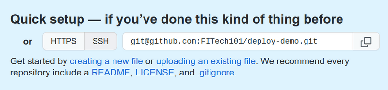 An empty repository has been created. There is a link with the text 'uploading an existing file'. deployment upload an existing file link