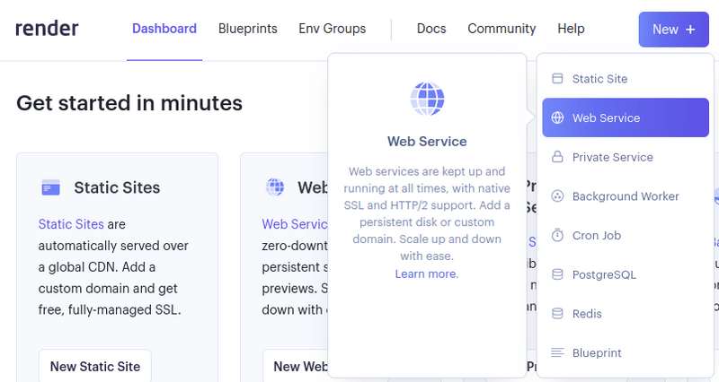 Figure 5 - On Render dashboard, we've clicked New + and are about to select Web Service.