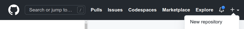 Figure 1 -- Navigation bar on GitHub. The + icon has been clicked, which exposes the 'New repository' link.