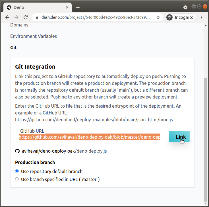 Adding a GitHub URL where the project that we wish to deploy is located at.