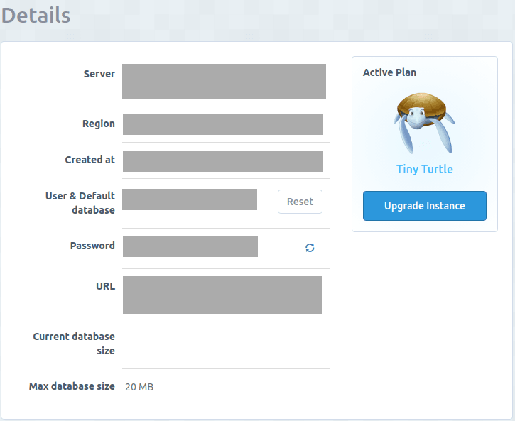 Details page on ElephantSQL site for a created database. The page contains information on the server, region, username, password, and an URL that can be used to connect to the database.