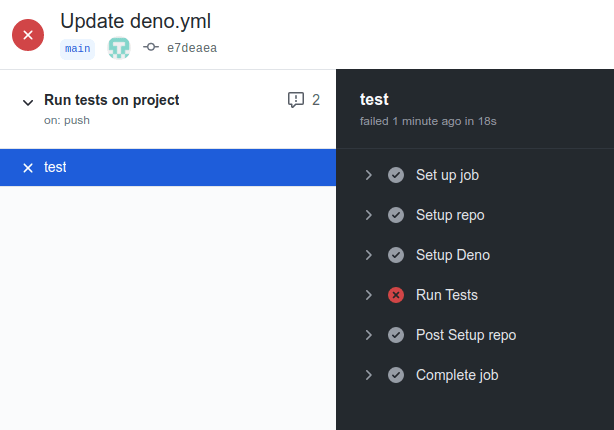 The run tests on project workflow has failed. The step within the workflow that failed was Run tests. The run tests on project workflow has failed. The step within the workflow that failed was Run tests.