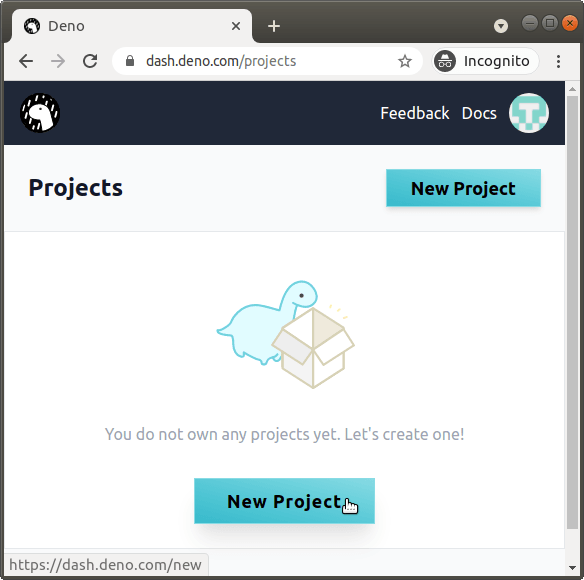 Deno Deploy dashboard. There are no projects yet.