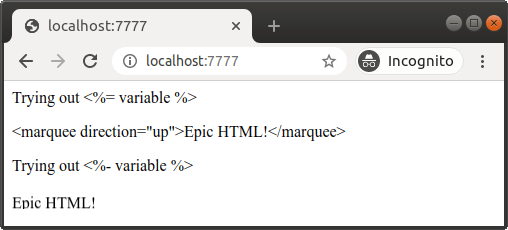 When accessing the server, the server responds with a document where the Eta template values have been replaced with the values from the server. The first value has been escaped, while the other has not. When accessing the server, the server responds with a document where the Eta template values have been replaced with the values from the server. The first value has been escaped, while the other has not.