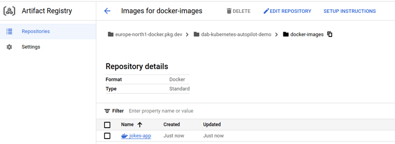 Fig. 6 - Jokes app image present in artifact registry.