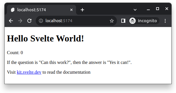 Fig 1. The page shows the text 'Count: 0', where the 0 comes from the reactive variable.