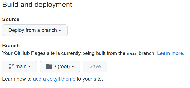 Selected a branch to deploy from in GitHub pages. deployment pages built from main