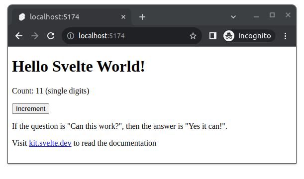 Fig 1. The page displays the count and the button. The button has been pressed 11 times. Fig 1. The page displays the count and the button. The button has been pressed 11 times.