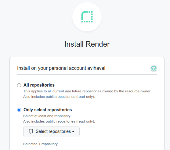 Figure 7 - Installing Render on GitHub. We've selected 'Only select repositories' and chosen the repository 'wsd-online-deployment-i' that we created earlier.