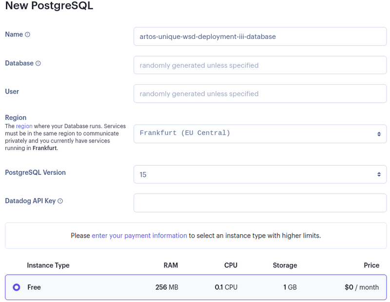 Figure 2 - Entering configuration details for the new PostgreSQL instance in the Render dashboard.