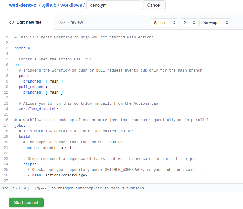Creating a new workflow. We have changed the workflow file name to deno.yml Creating a new workflow. We have changed the workflow file name to deno.yml