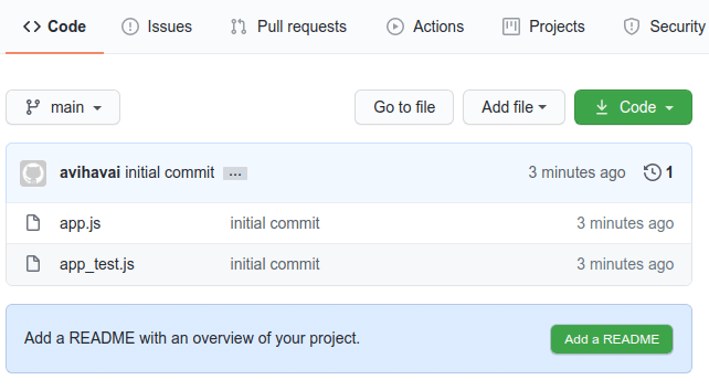 Files that have been sent to github are visible on the repository page. Here, we have just added the two files, app.js and app_test.js. Files that have been sent to github are visible on the repository page. Here, we have just added the two files, app.js and app_test.js.