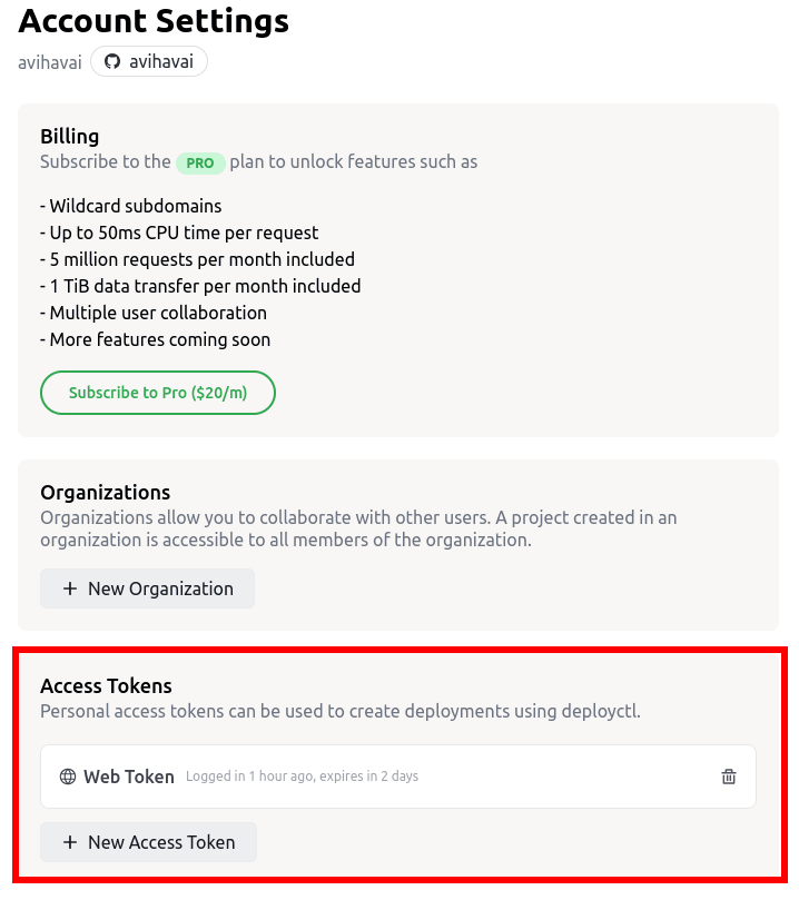 Account settings page. The 'Access Tokens' area with the button 'New Access Token' has been highlighted with red color. deno deploy settings access token