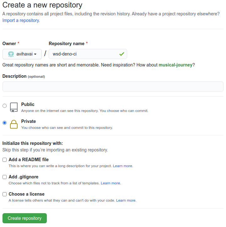 Creating a new repository on GitHub. The project name has been set to wsd-deno-ci and the project has been set as private. Creating a new repository on GitHub. The project name has been set to wsd-deno-ci and the project has been set as private.