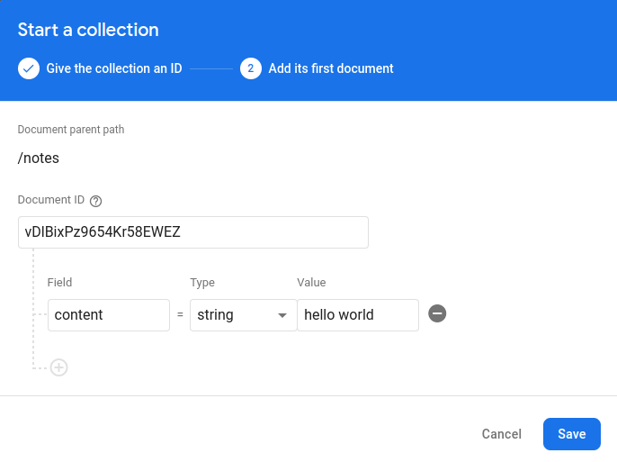 Screenshot of the dialog used for creating a collection and adding the first document. Screenshot of the dialog used for creating a collection and adding the first document.