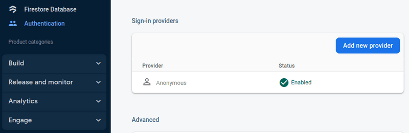 Screenshot of the the Firebase console showing that the anonymous authentication has been enabled.