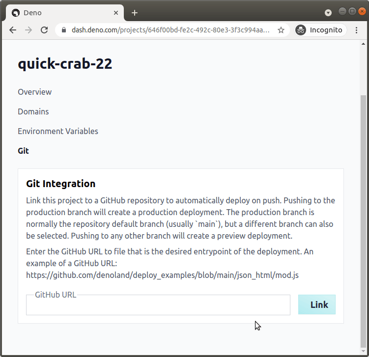 Linking a GitHub project to the application using the project-specific GitHub URL.