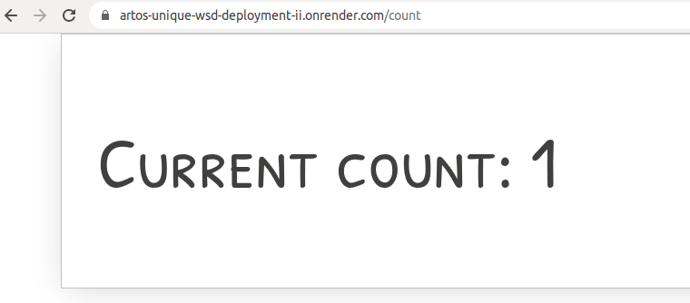 Figure 3 - After fixing the error, we see that the deployment is successful. The page with the view template is available at `https://artos-unique-wsd-deployment-ii.onrender.com/count`. Figure 3 - After fixing the error, we see that the deployment is successful. The page with the view template is available at `https://artos-unique-wsd-deployment-ii.onrender.com/count`.