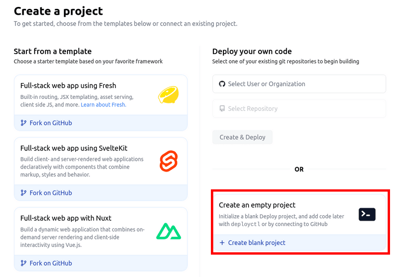 New project page with templates. The 'Create an empty project' template has been highlighted with red color. deno deploy dashboard new project